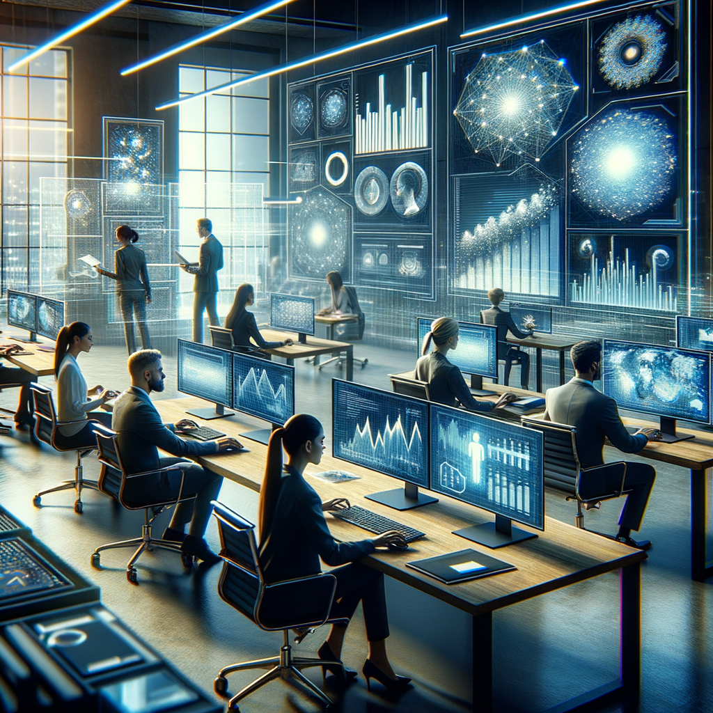 Geschäftsleute vor KI-gesteuerten Datenanalysesystemen arbeiten.