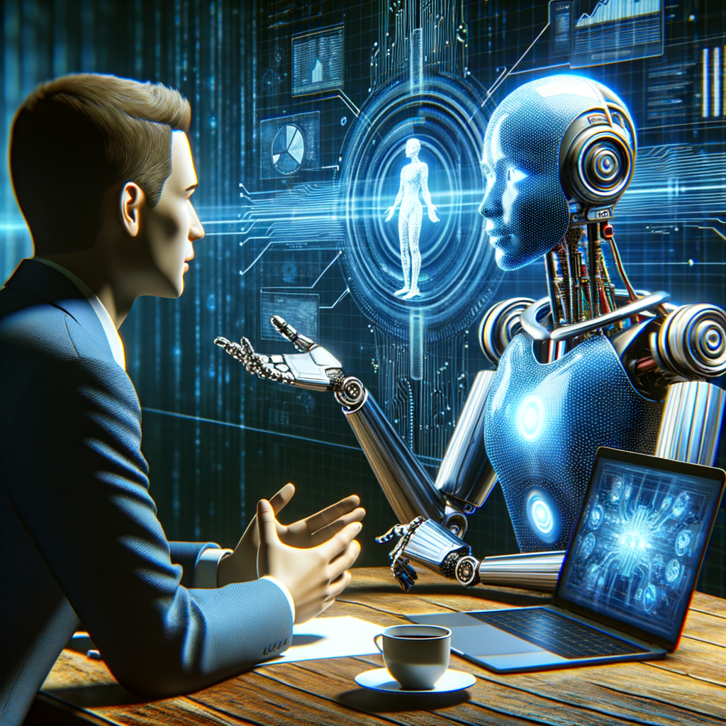 Kundengespräch mit digitalem Assistenten vor Laptop.