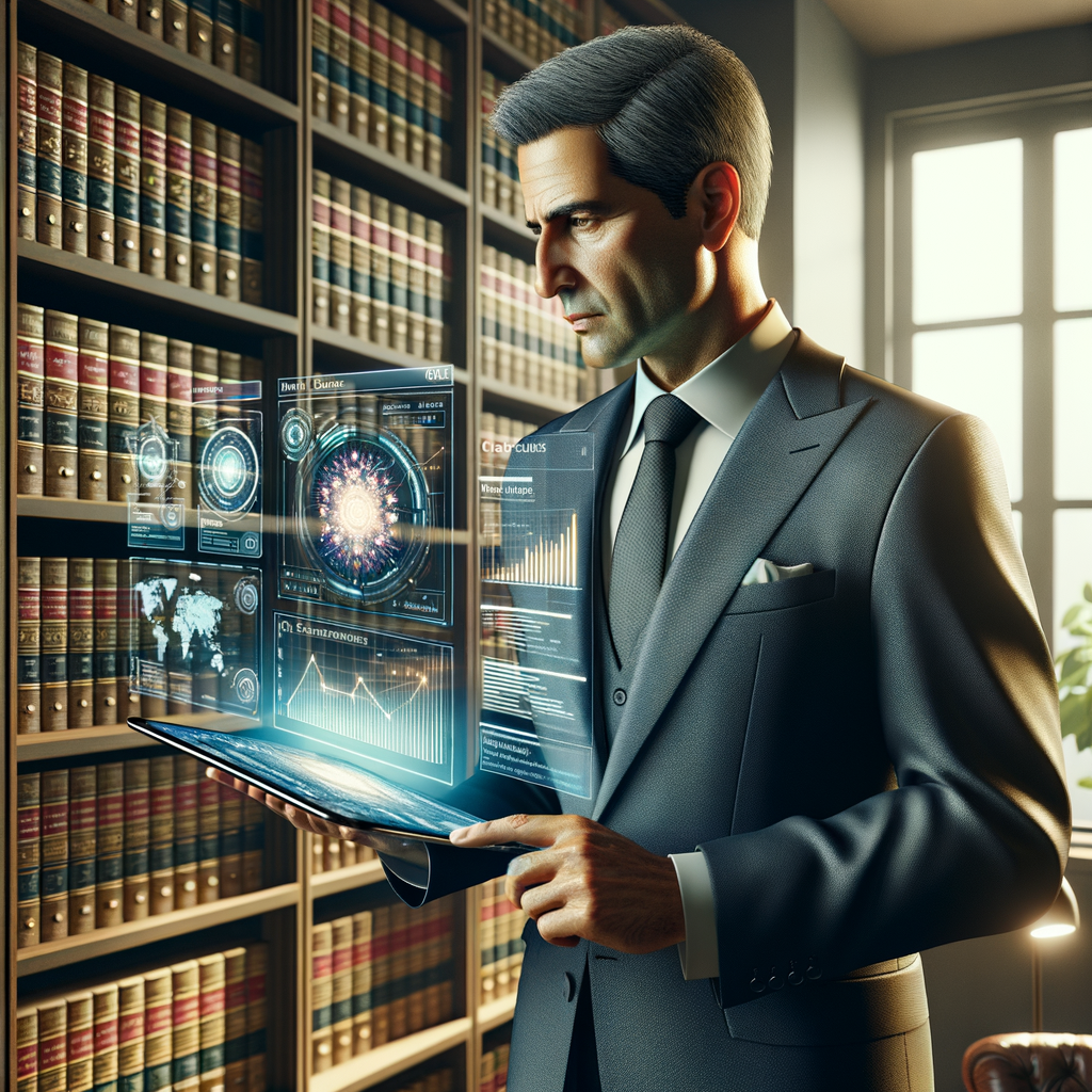 Rechtsanwalt mit KI-Tablet, optimierte Mandantenberatung.