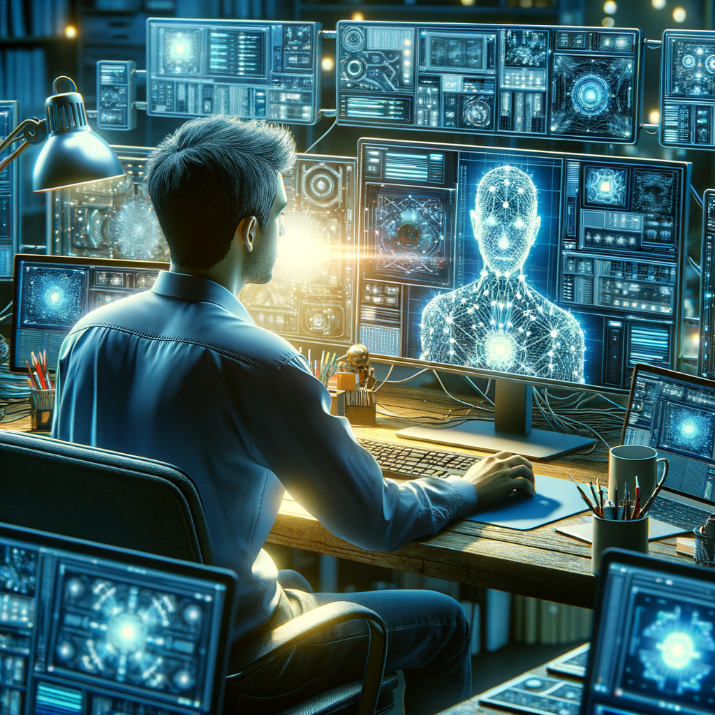 Selbständiger am Schreibtisch mit KI-Technologie.