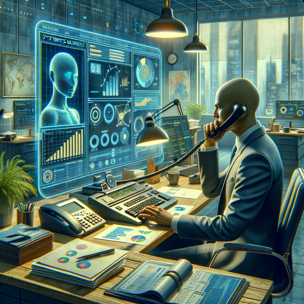 Selbständiger optimiert Geschäft mit futuristischer KI-Technologie.