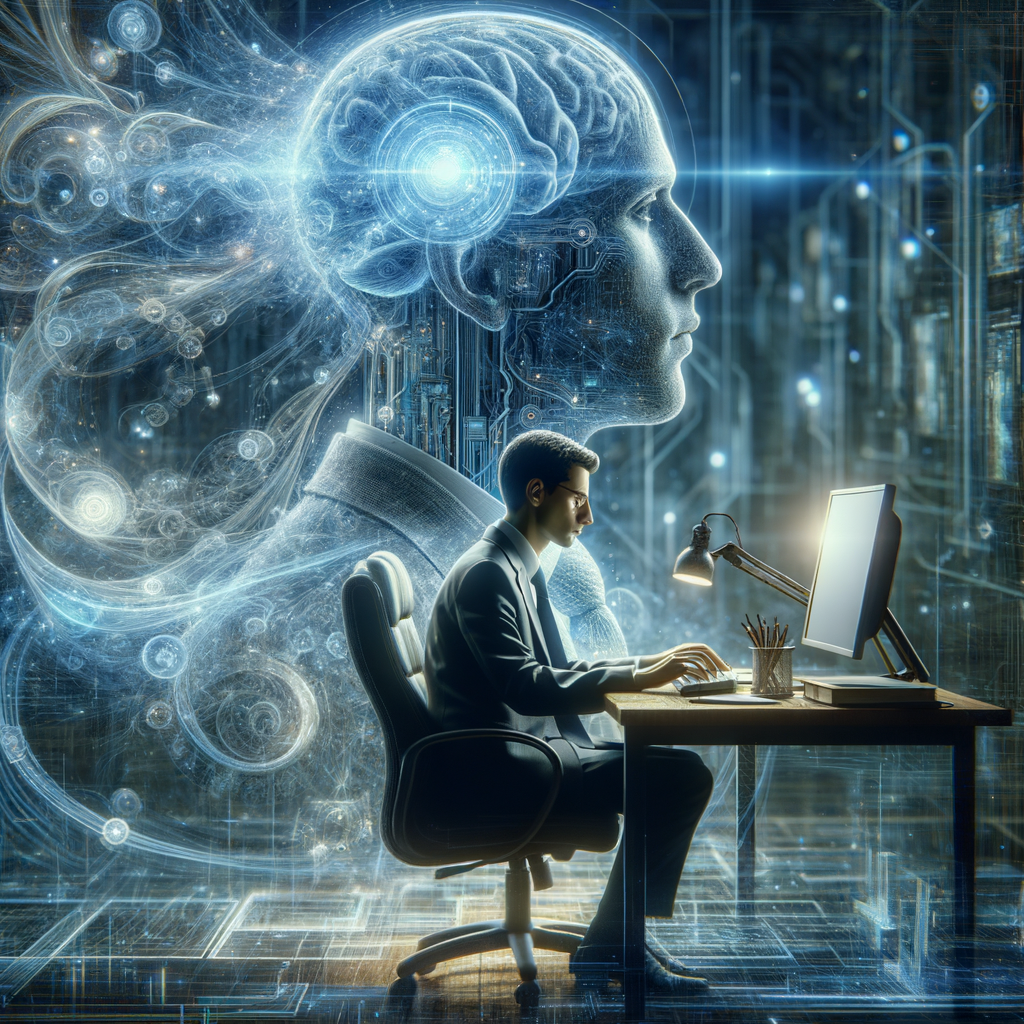 Selbständiger vor Computer, umgeben von KI-Technologie.