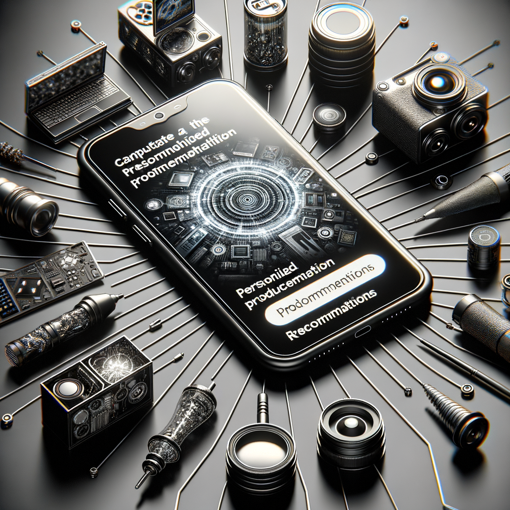 Smartphone mit personalisierten Produktempfehlungen umgeben von Technologie.