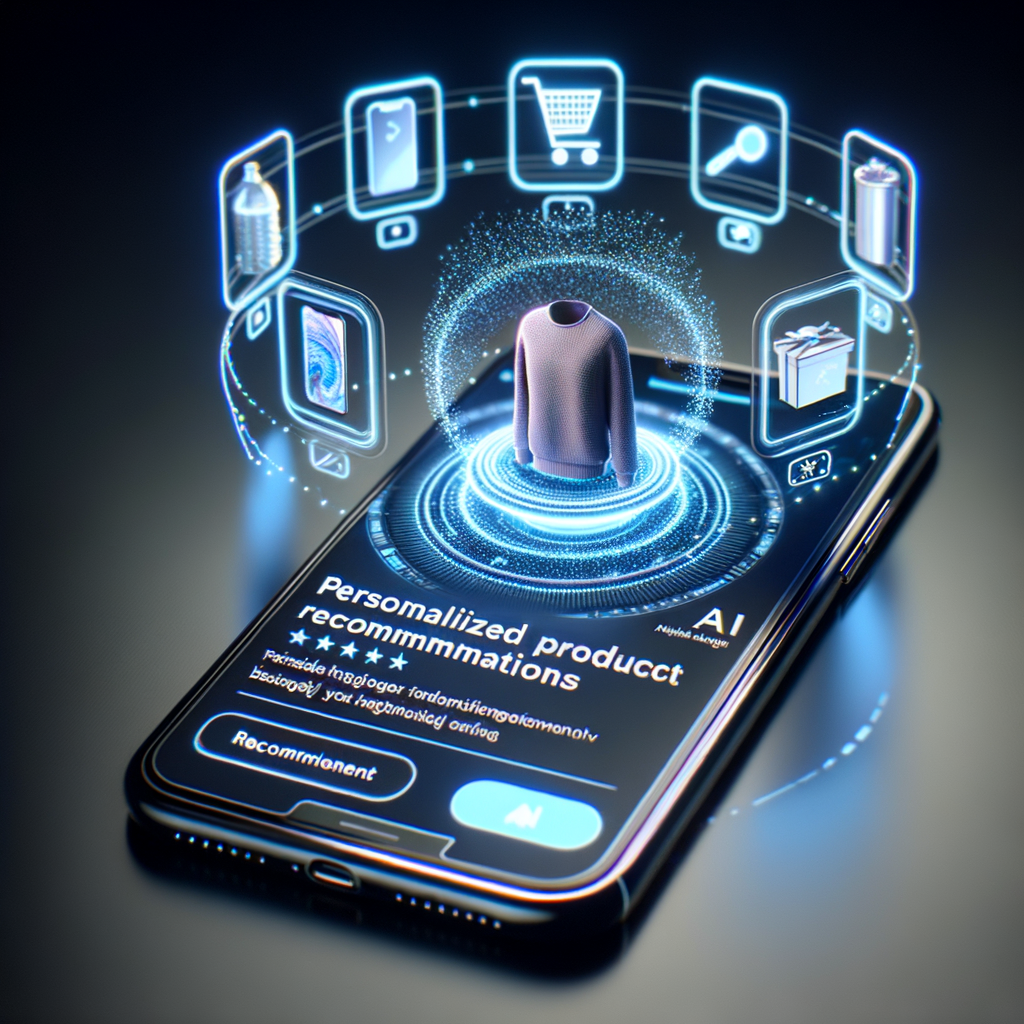 Smartphone zeigt personalisierte Produktempfehlungen, KI-gestützt.