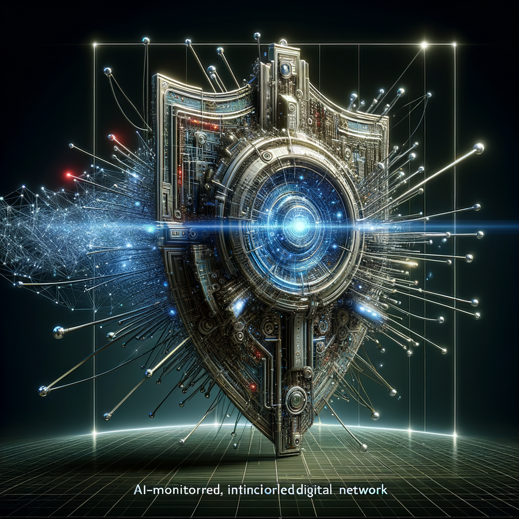 Technologie-Schutzschild mit KI-überwachtem digitalen Netzwerk.