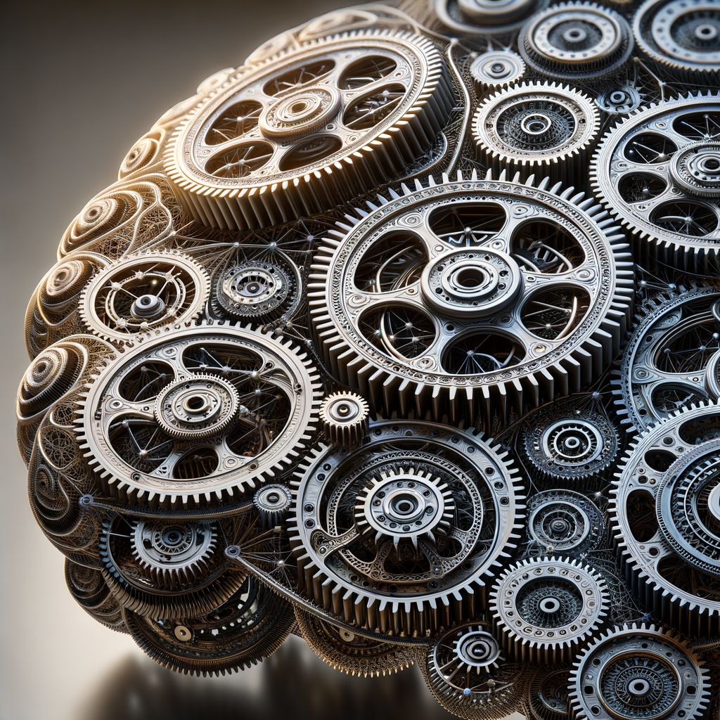 Verflochtene Zahnräder, Symbolik trifft neuronales Netzwerk.