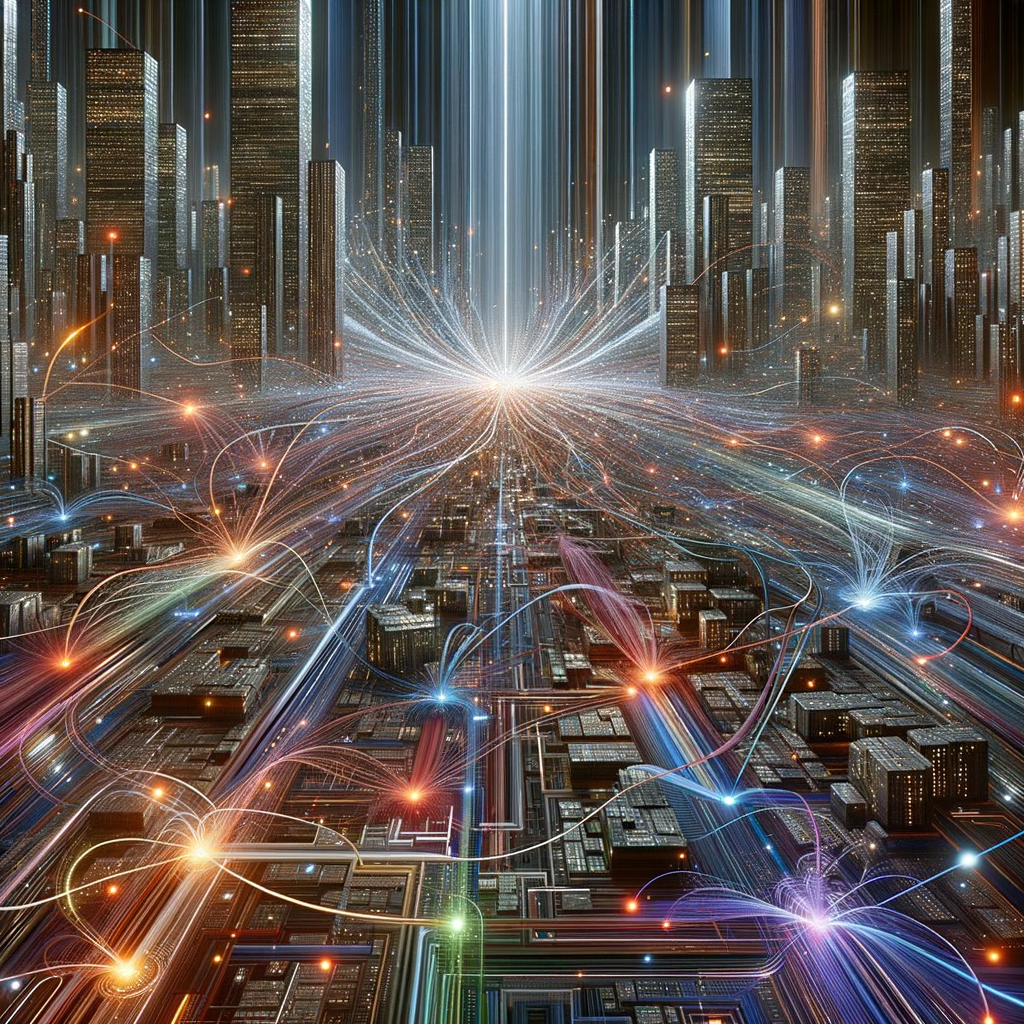 Algorithmus-Visualisierung: Vernetzte Städte, Datenströme, Optimierung.