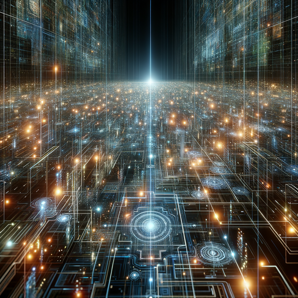 Futuristische Cyberlandschaft mit KI-gesteuerten Sicherheitsnetzwerken.