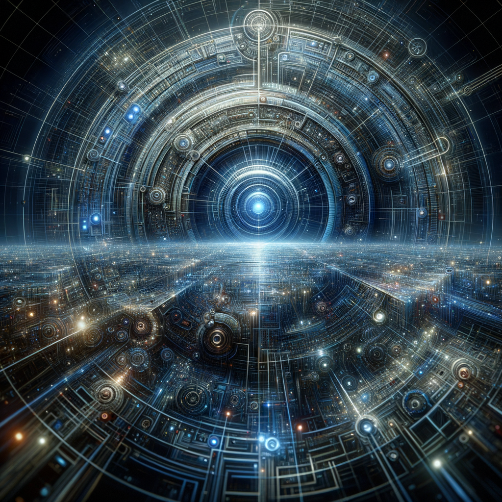 Futuristische Cyberlandschaft mit KI-gesteuerten Sicherheitsnetzwerken.