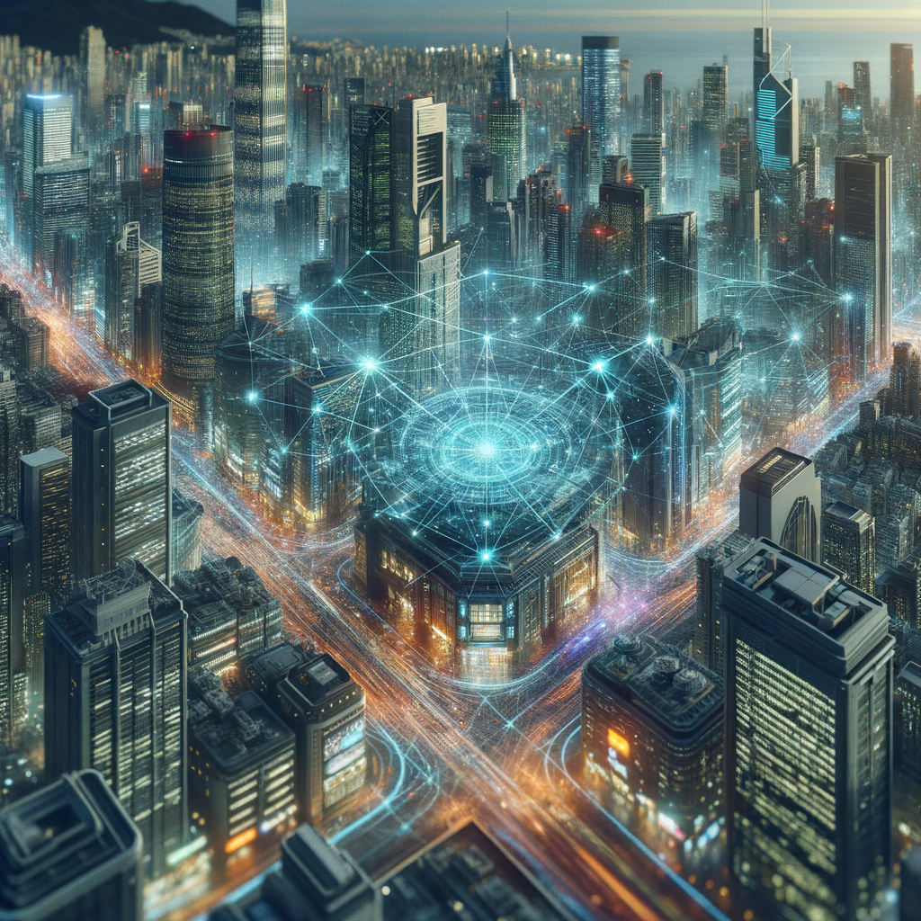 Futuristische Stadt mit KI-gesteuerten Netzwerken.
