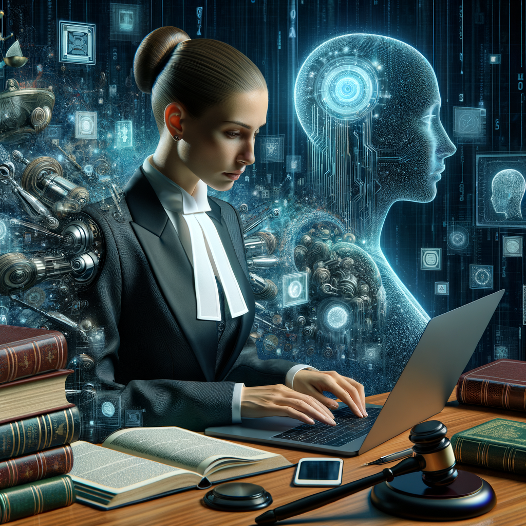 Jurist mit Laptop, KI-Visualisierung im Hintergrund.