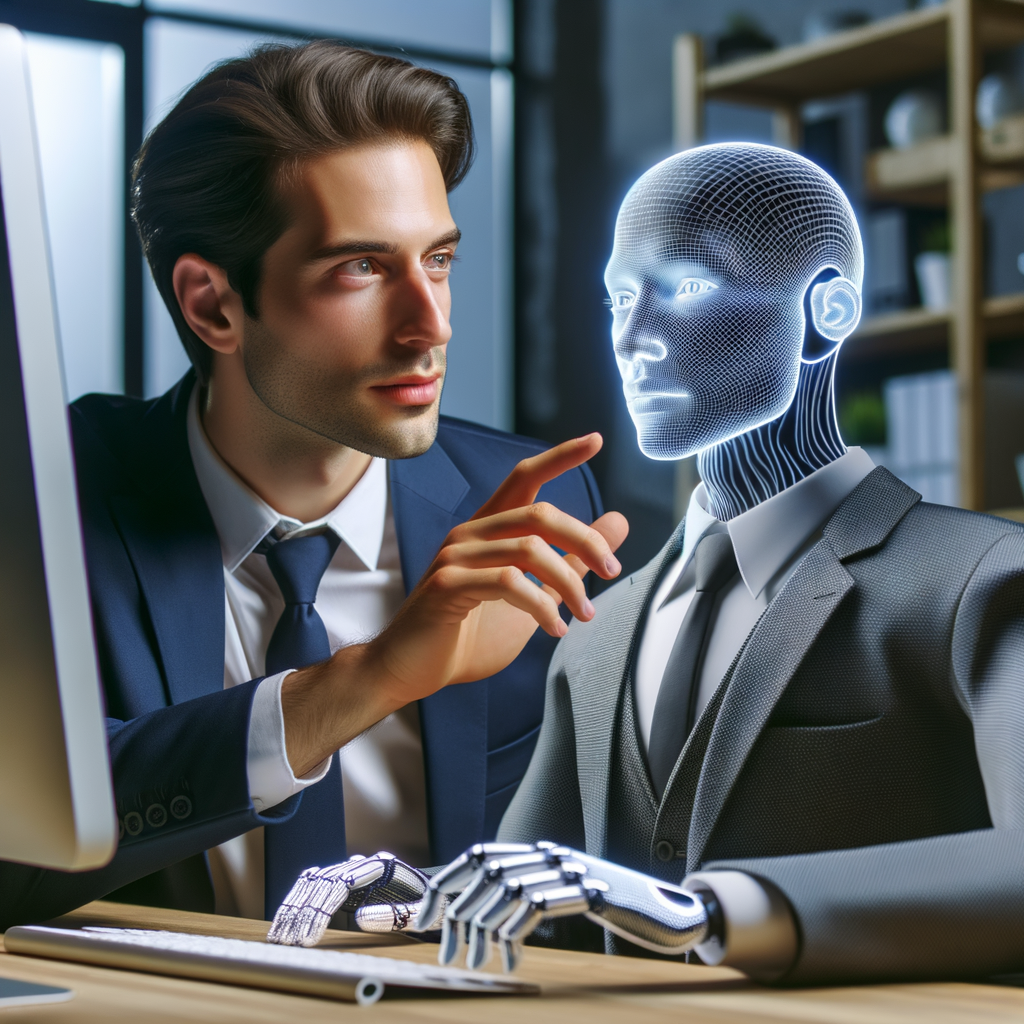 Rechtsanwalt interagiert mit KI-Avatar am Computer.