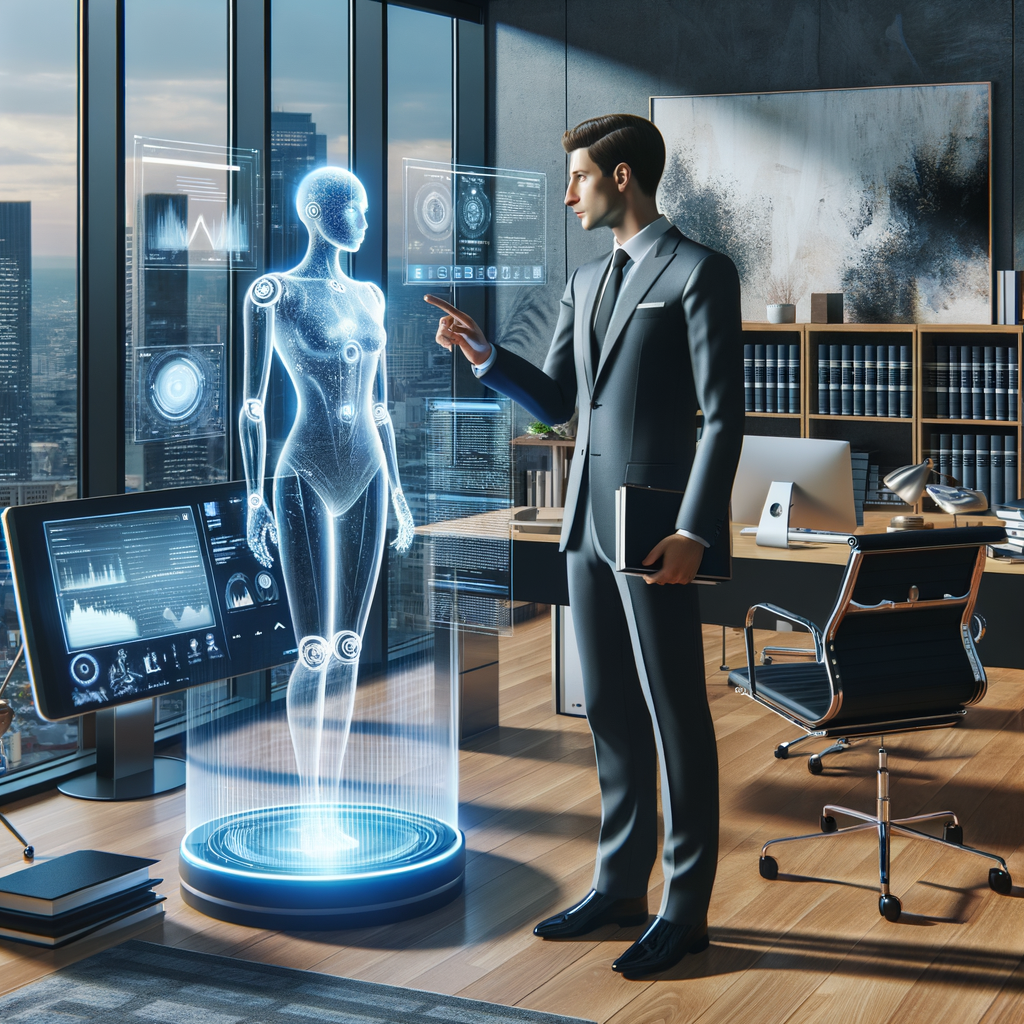 Rechtsanwalt mit KI-Assistenz in modernem Büro.