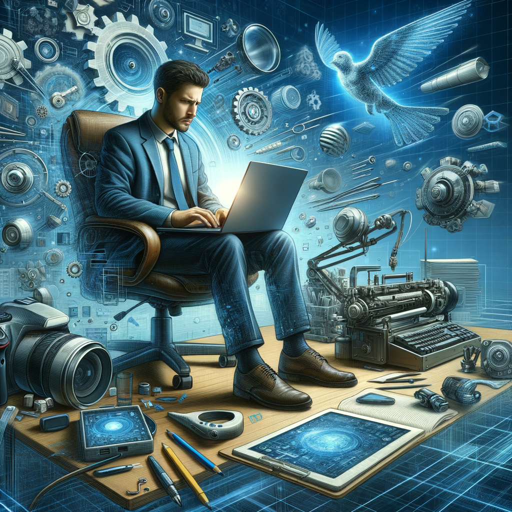 Selbständiger mit Laptop, umgeben von digitalen Tools.