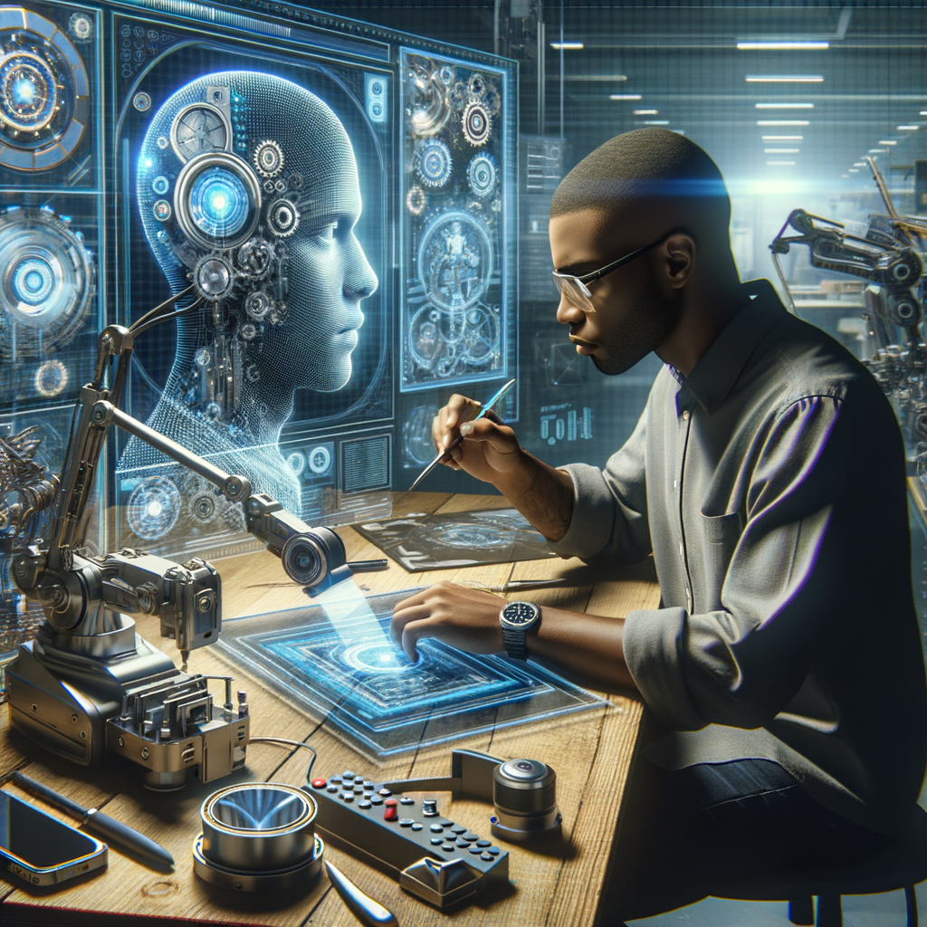 Selbständiger umgeben von futuristischen KI-Tools.