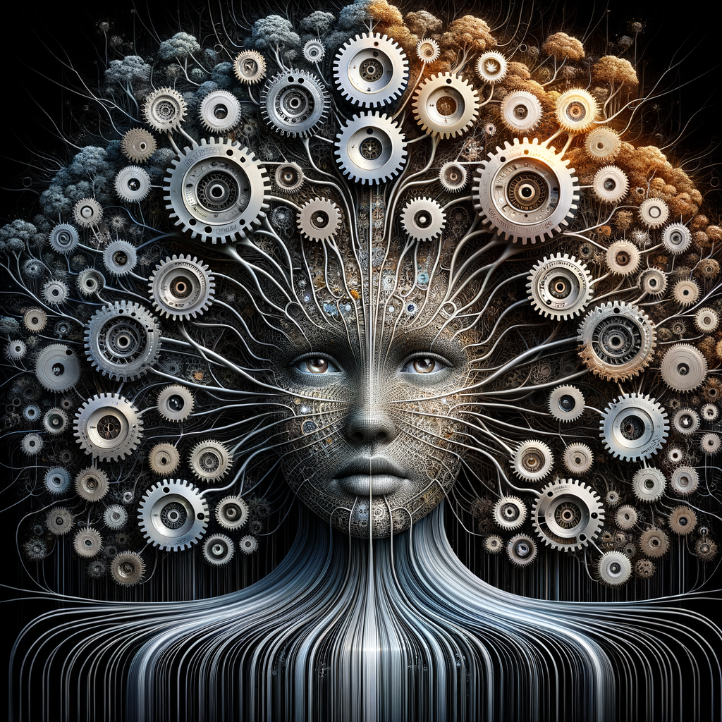 Algorithmusnetzwerke, Zahnräder, Datenströme und Entscheidungsbäume vereint.