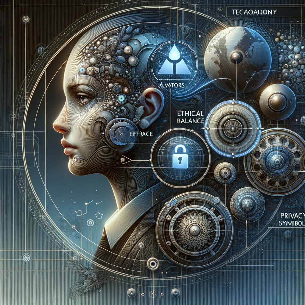 Avatare, Datenschutzsymbole, ethische Balance, technologische Zukunft.