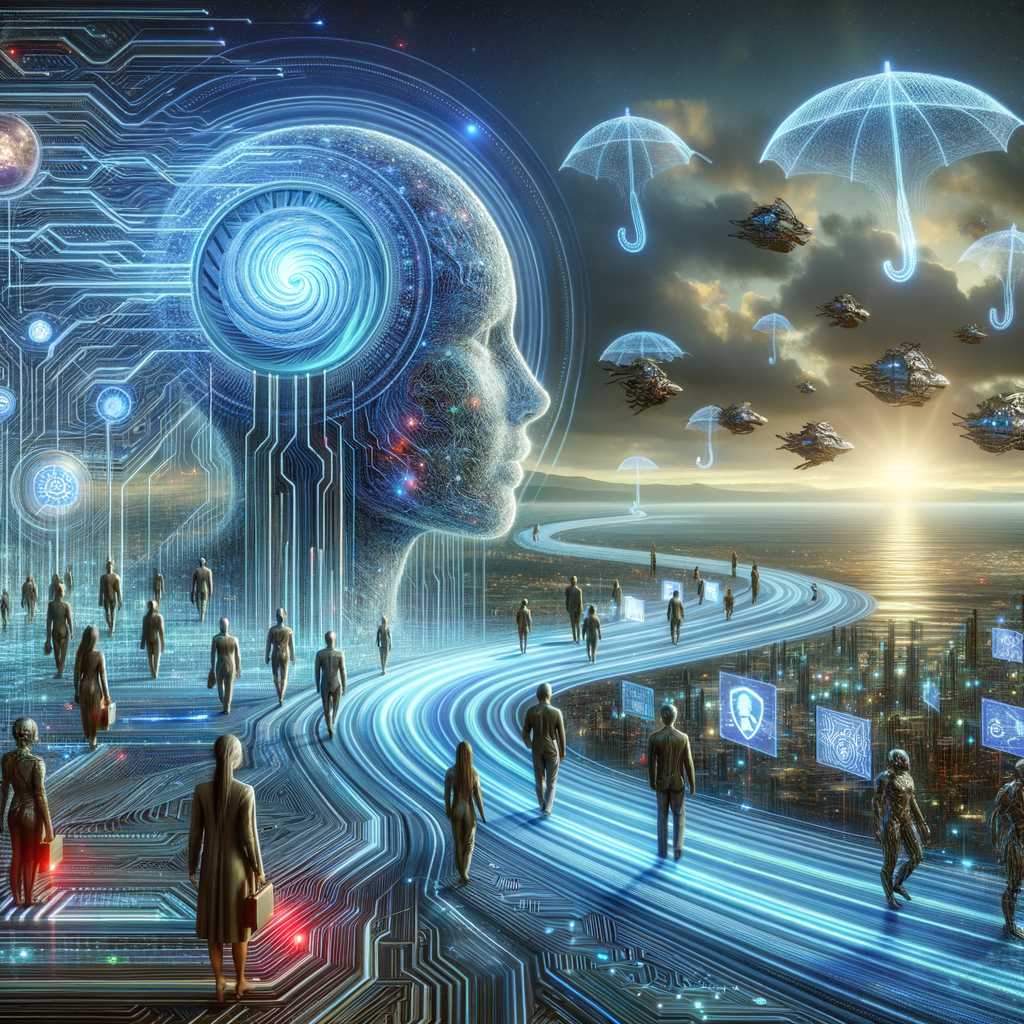 Avatare, Datenströme, Schutzschild – ethische AI-Integration.