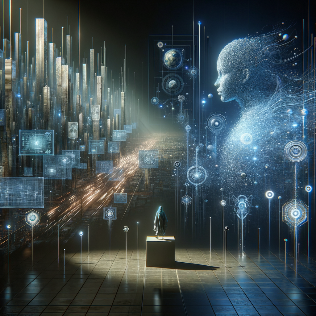 Avatare, Datenströme, Schutzschilde, Ethik, KI-Zukunft.