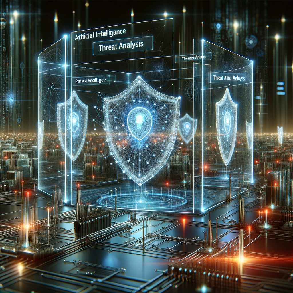 Futuristische Netzwerklandschaft mit KI-Schutzschilden und Bedrohungsanalysen.
