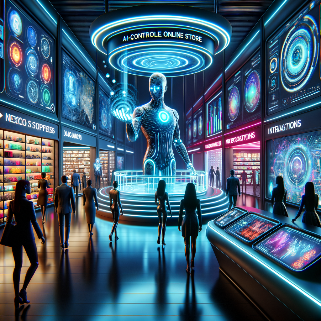 Futuristischer Online-Shop mit KI-gesteuerter Benutzerinteraktion.