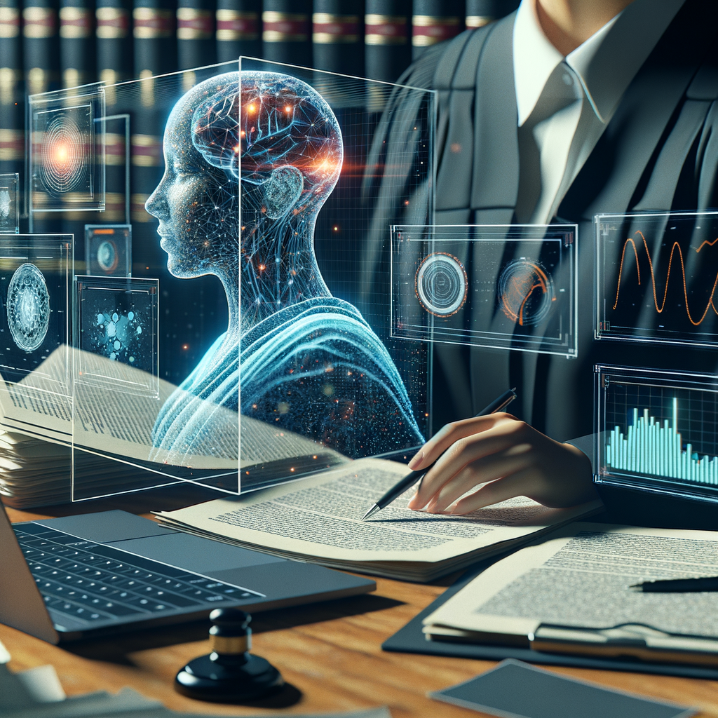 Jurist mit Laptop, KI-Analyse, digitale Zukunft.