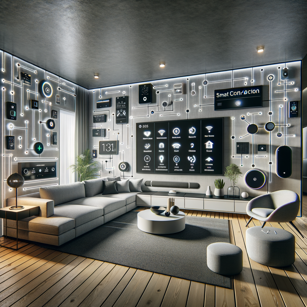Modernes Wohnzimmer mit vernetzten Smart-Home-Geräten.
