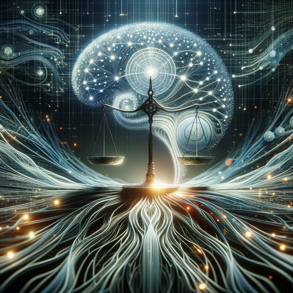 Neuronale Netze, Datenströme und ethische Balance dargestellt.