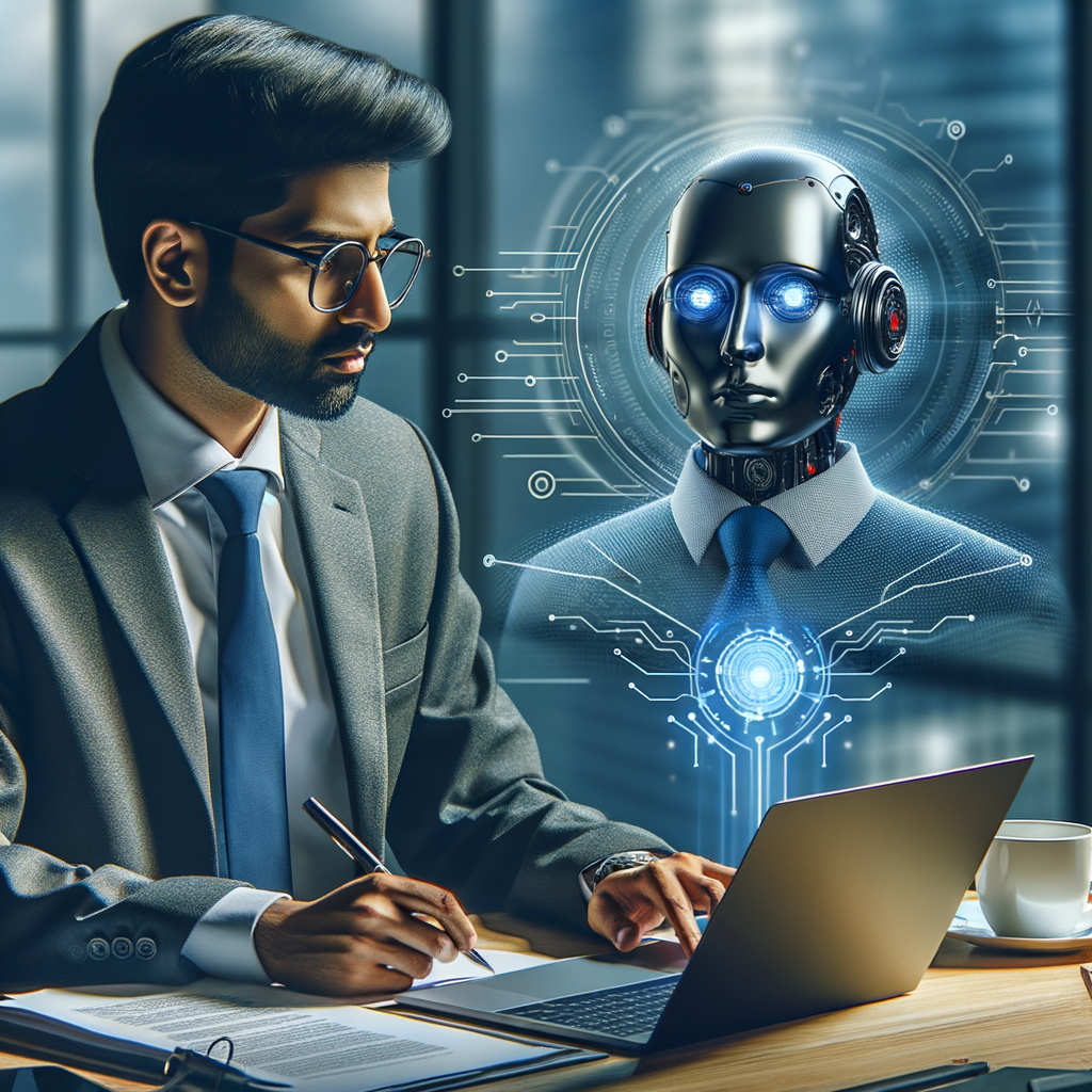 Rechtsanwalt mit Laptop, KI-Analyse, effiziente Kommunikation.