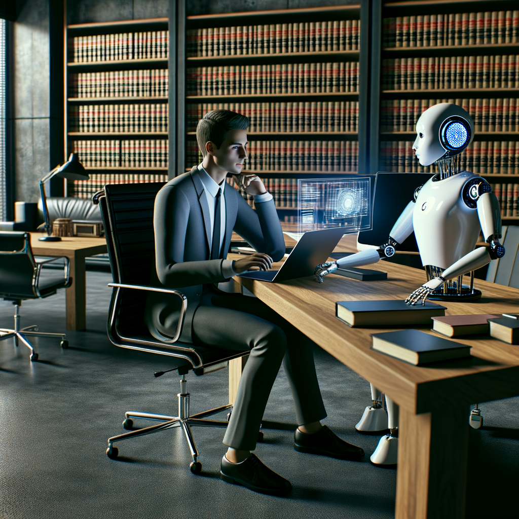 Rechtsanwalt mit Laptop, KI-Interaktion, moderne Kanzlei.