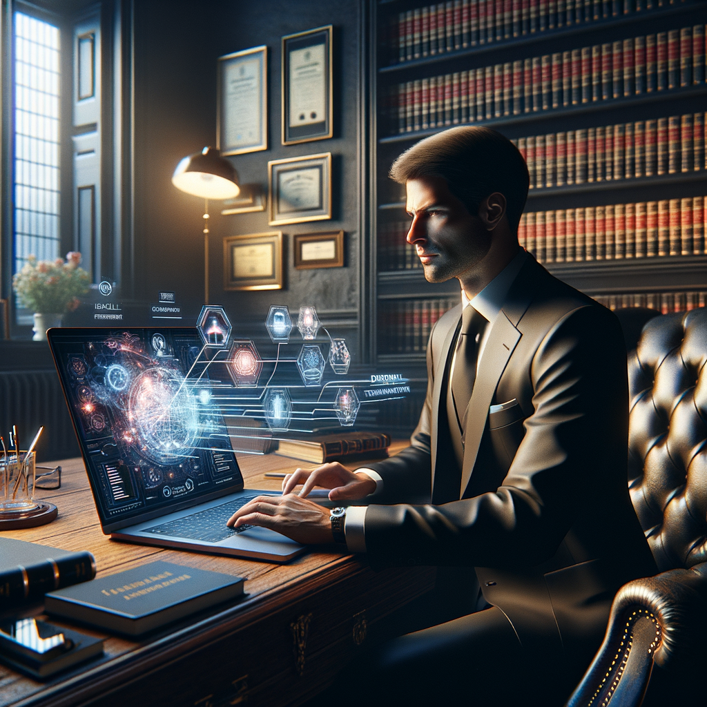 Rechtsanwalt mit Laptop, KI-Visualisierung, digitale Transformation.