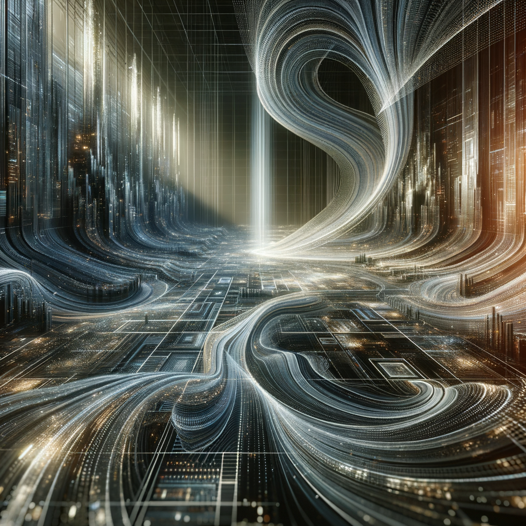 Algorithmusgrafiken und Datenströme in futuristischer Umgebung.