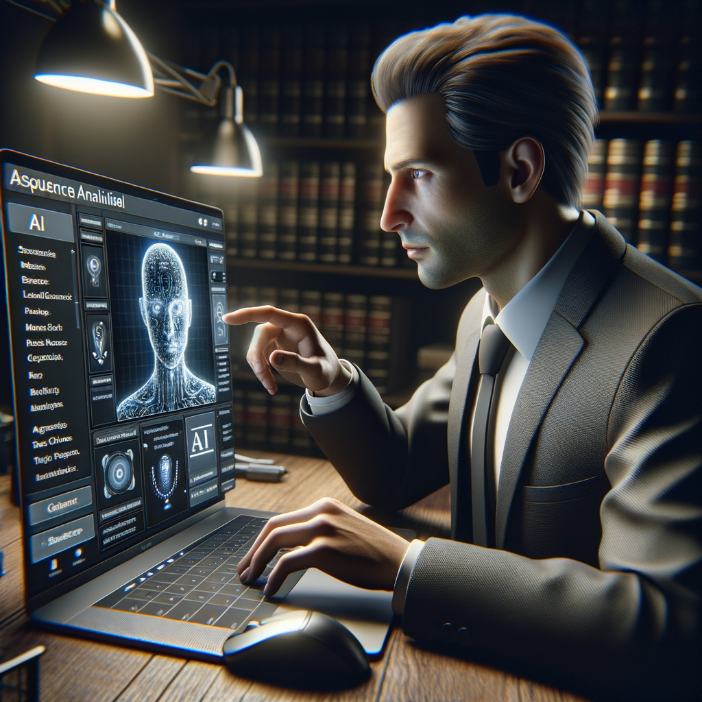 Anwalt interagiert mit KI-Software am Laptop.