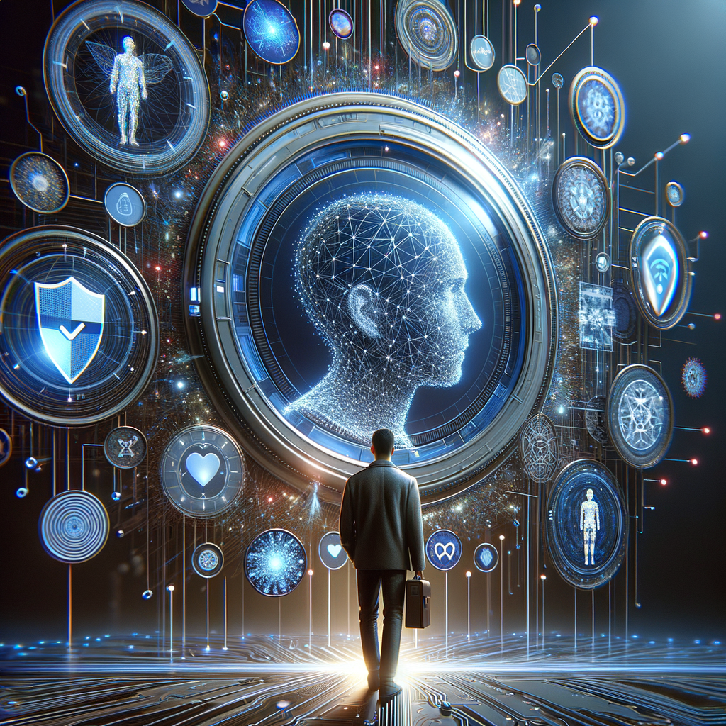 Avatare, Datenschutzschilde, ethische AI, digitale Interaktion.