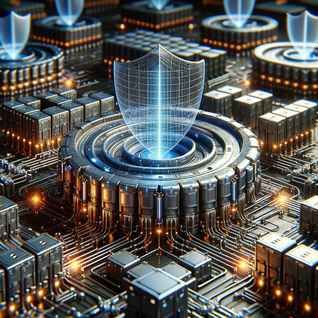 Cybernetzwerk mit KI-Schutzschild und Datenströmen.