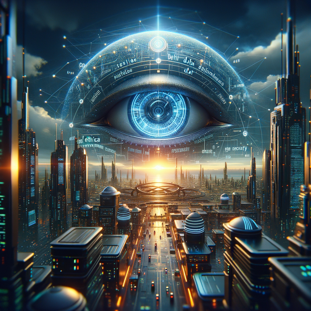 Futuristische KI-Welt mit ethischen Datenschutzfragen.