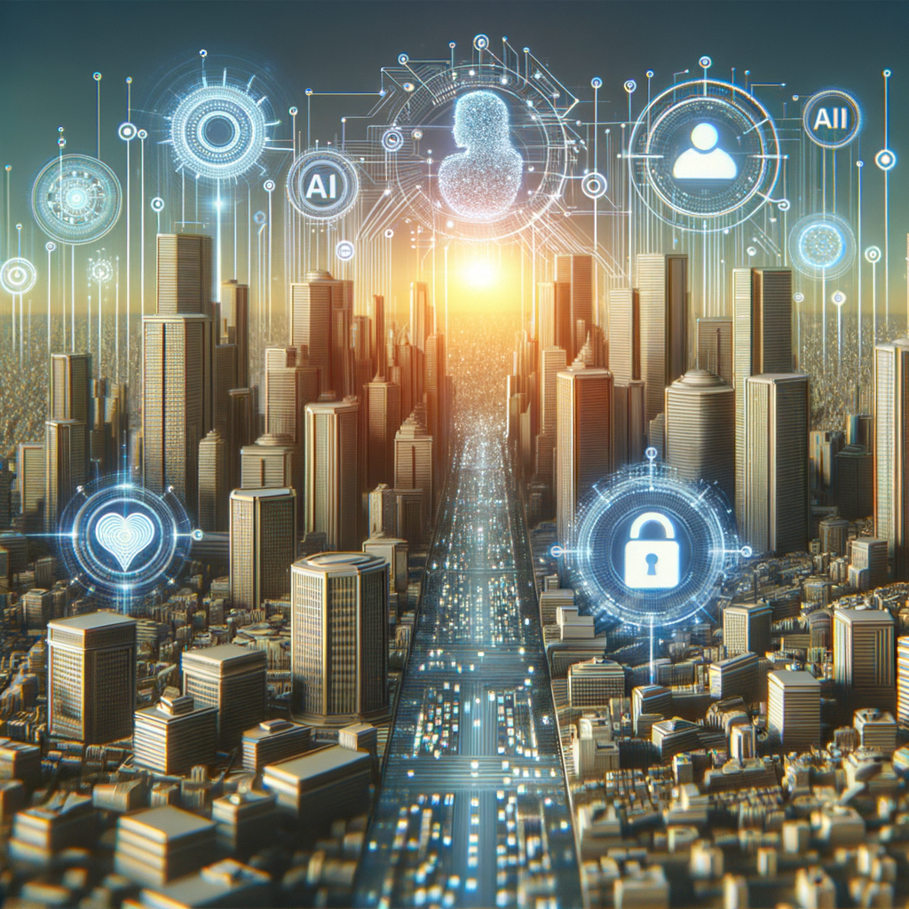 Futuristische Stadt mit KI-Elementen und Datenschutz.