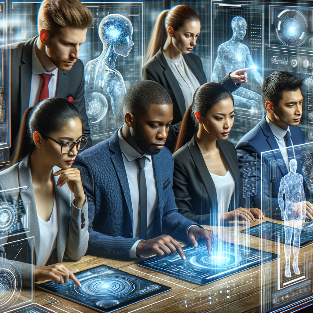 Geschäftsleute arbeiten mit KI-gestützten Technologien effizient zusammen.