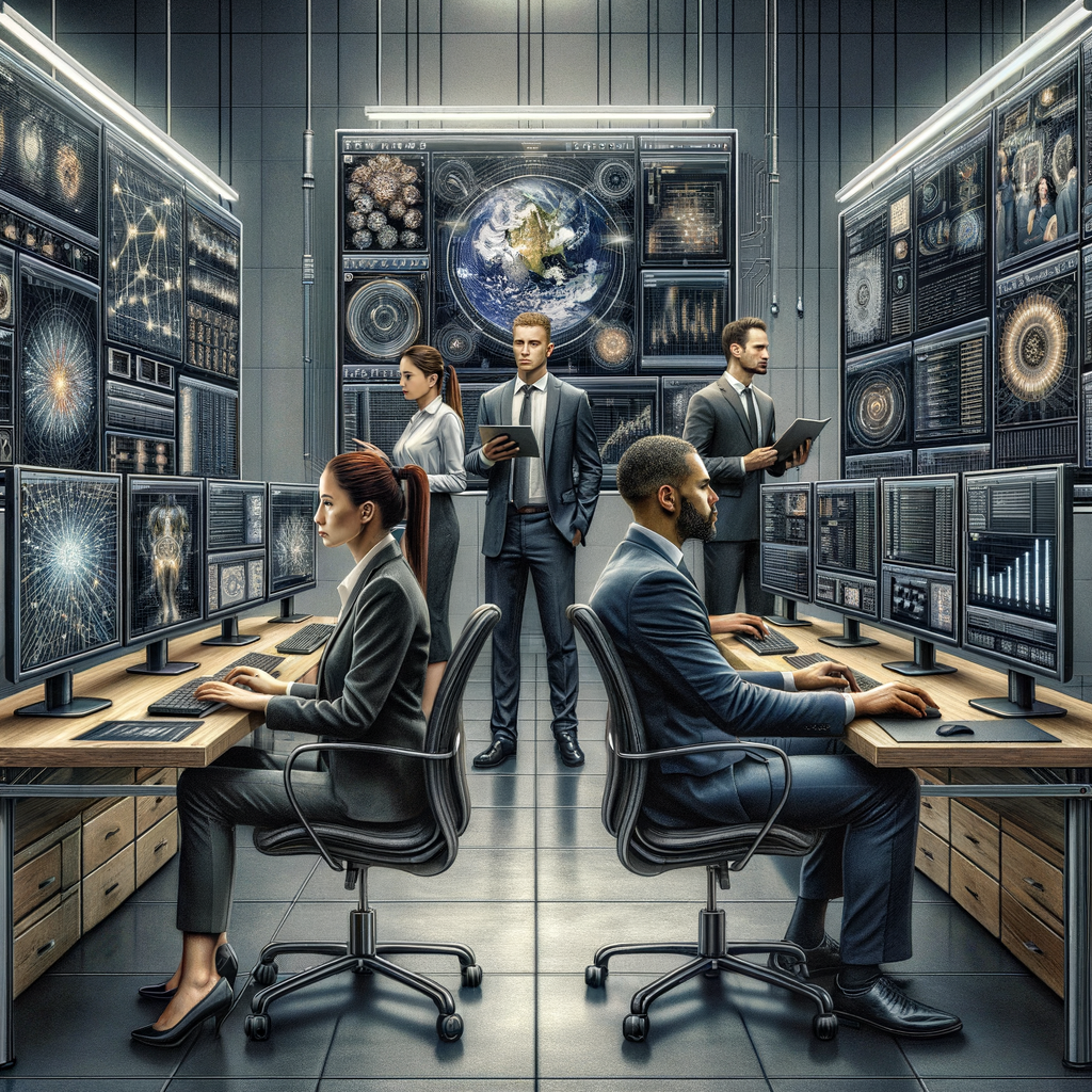 Geschäftsleute mit KI-Technologien optimieren Kundeninteraktionen effizient.