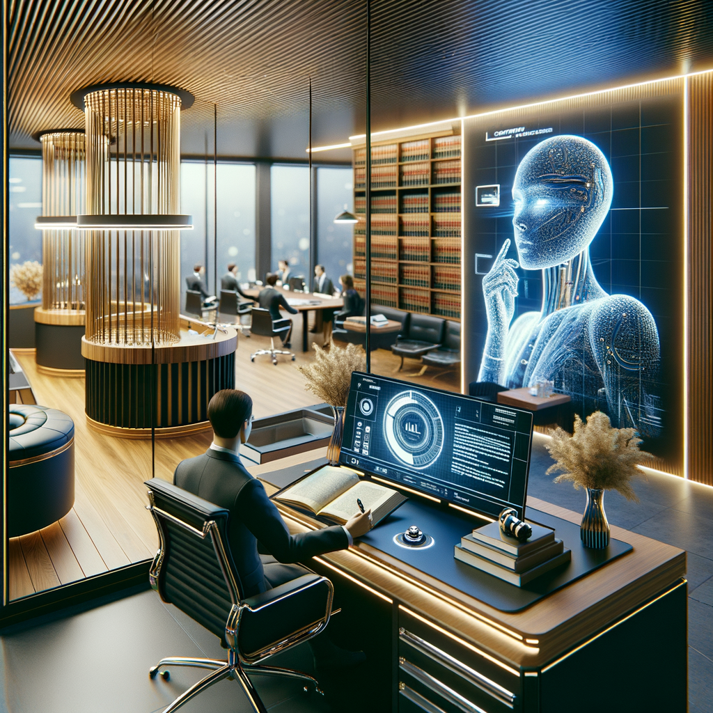 Moderne Kanzlei, KI-gestützte Vertragsanalyse am Bildschirm.