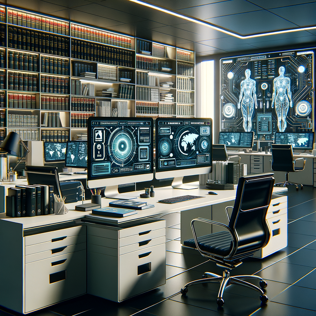 Modernes Büro mit KI-Technologie für Juristen.