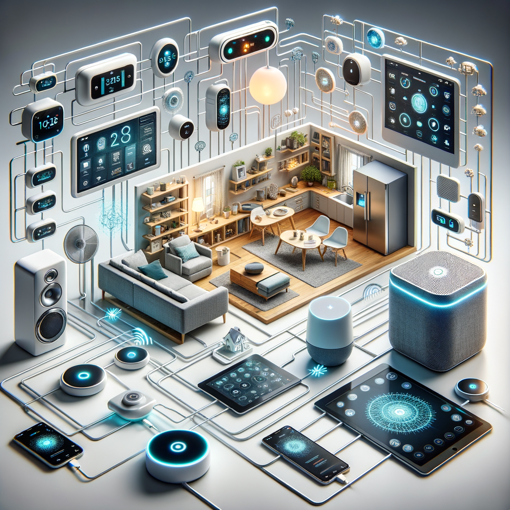 Smart-Home-System mit virtuellen Assistenten und Geräten.