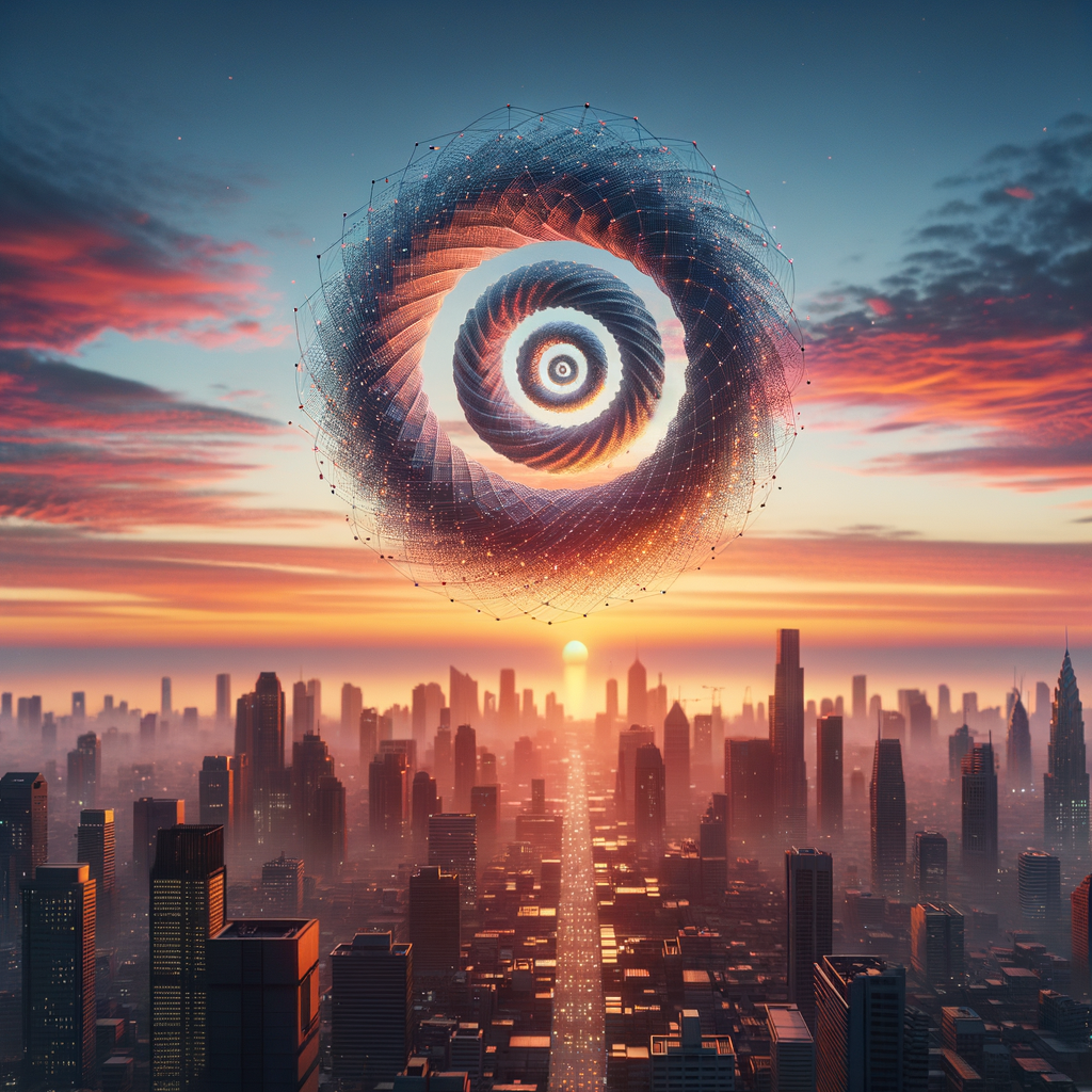 Algorithmenspirale über Stadt bei Sonnenaufgang.