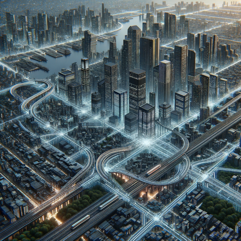 Algorithmische Stadt mit vernetzten Logistik- und Netzwerkstrukturen.