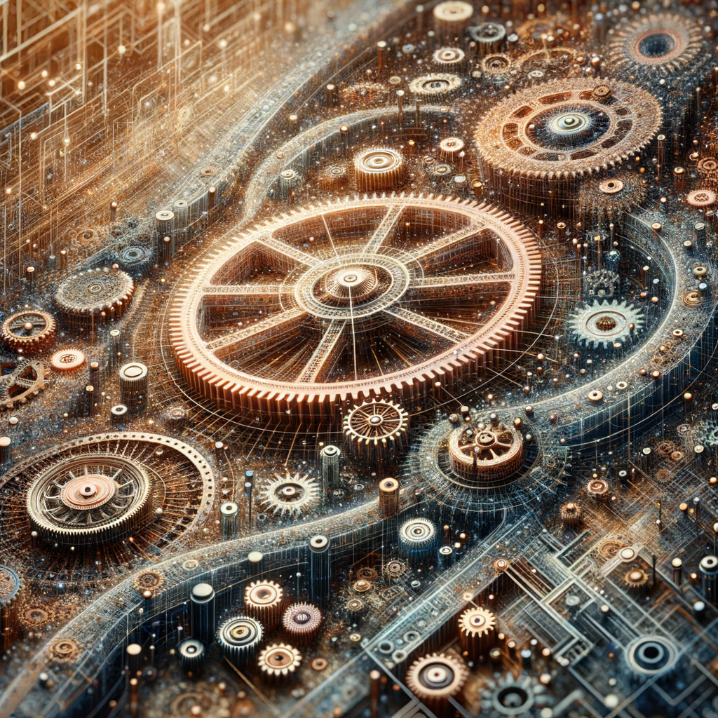 Algorithmus-Matrix überlagert mit evolutionären Zahnrädern.