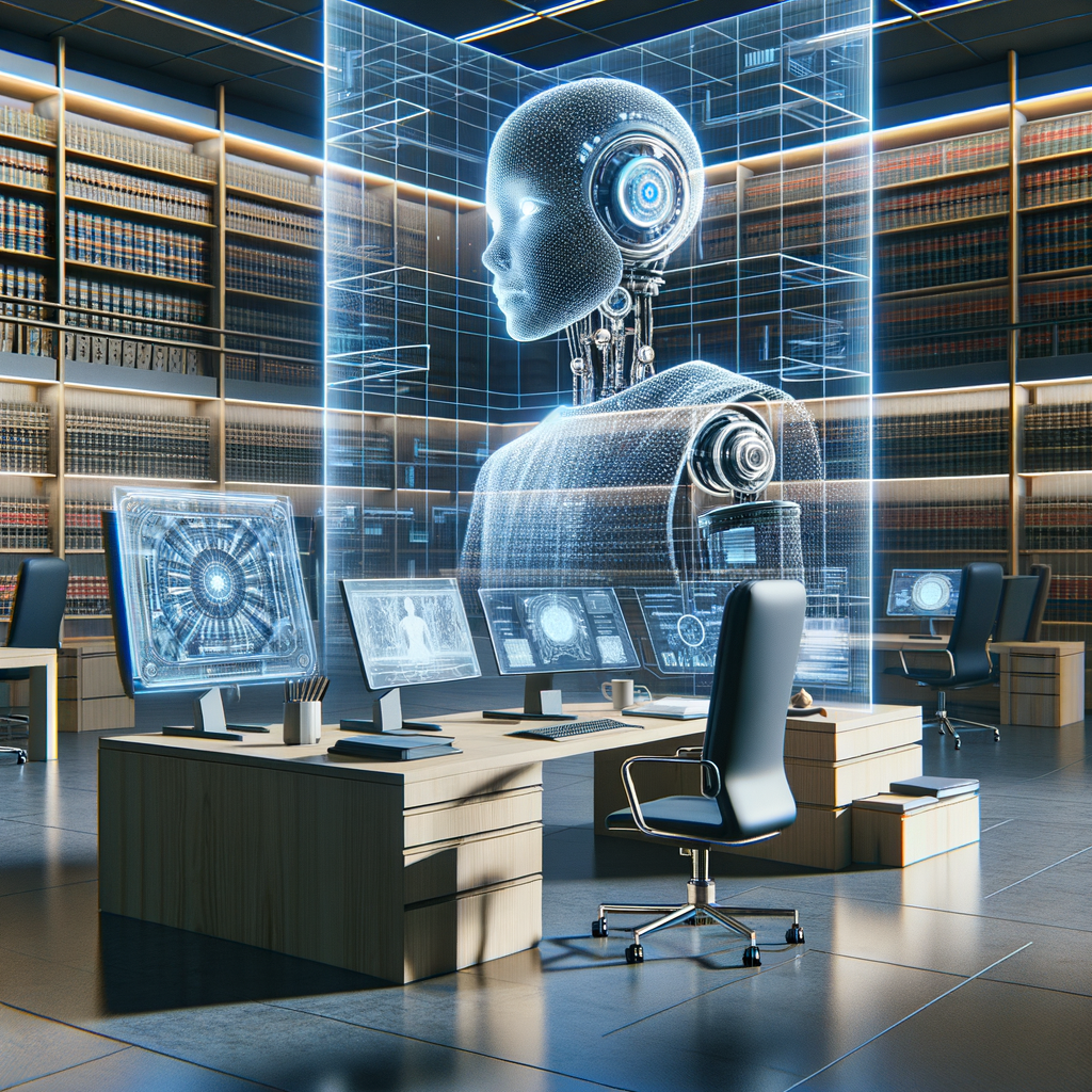 Digitale Kanzlei mit KI-Anwalt im Einsatz.