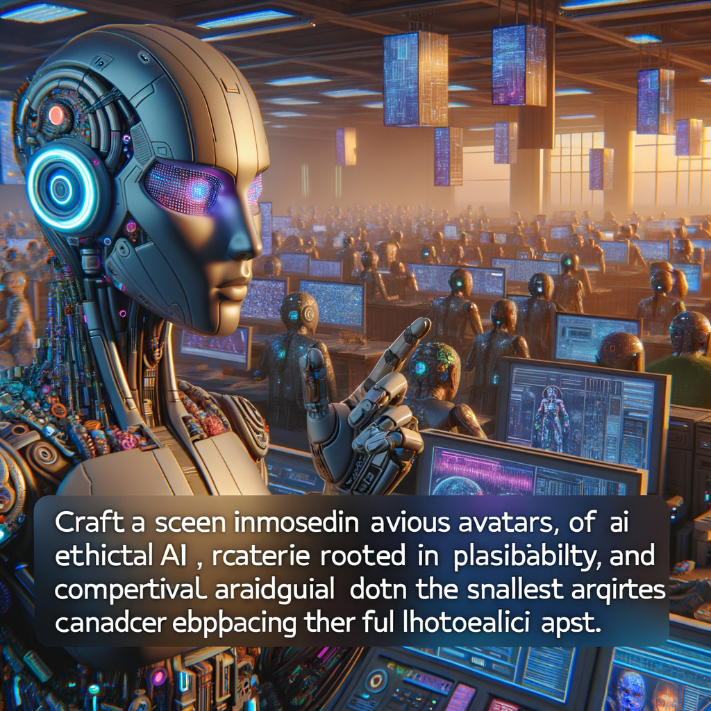 Futuristische Avatare, ethische AI, virtuelle Interaktionen.