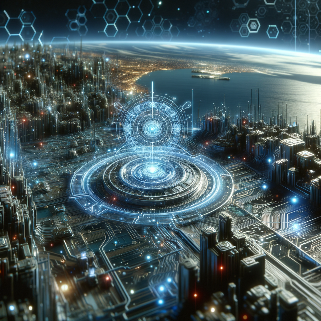 Futuristische Netzwerklandschaft mit KI-Schutzschilden.