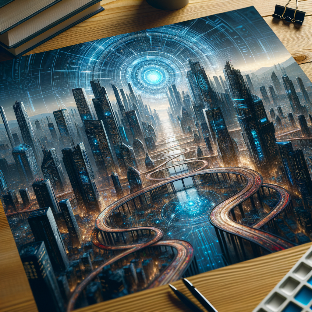 Futuristische Stadt mit denkenden KI-Systemen verbunden.