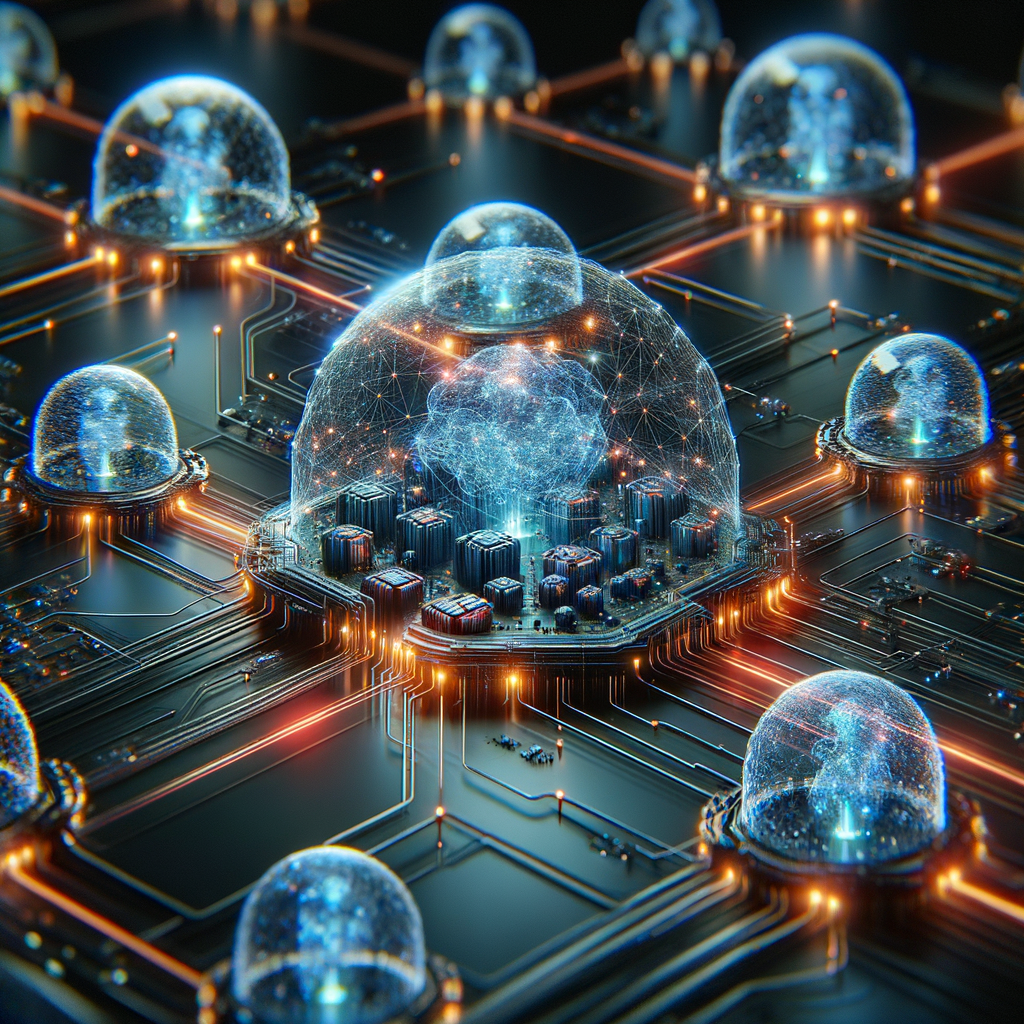 Futuristisches Netzwerk mit KI-gesteuerten Sicherheitsschildern.